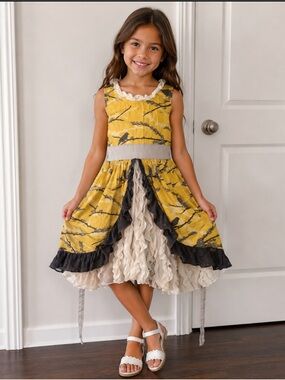 Persnickety Yellow Bird Print Ruffle Dress with Cream Tulle